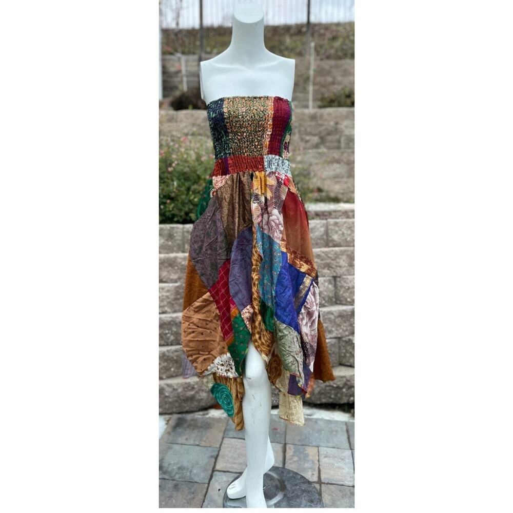 Womens Strapless Patchwork Dress Asymmetrical Hem… - image 1